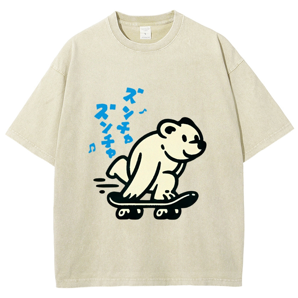 Unisex Japanese Skateboarding Bear Printed Washed Tee