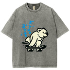Unisex Japanese Skateboarding Bear Printed Washed Tee
