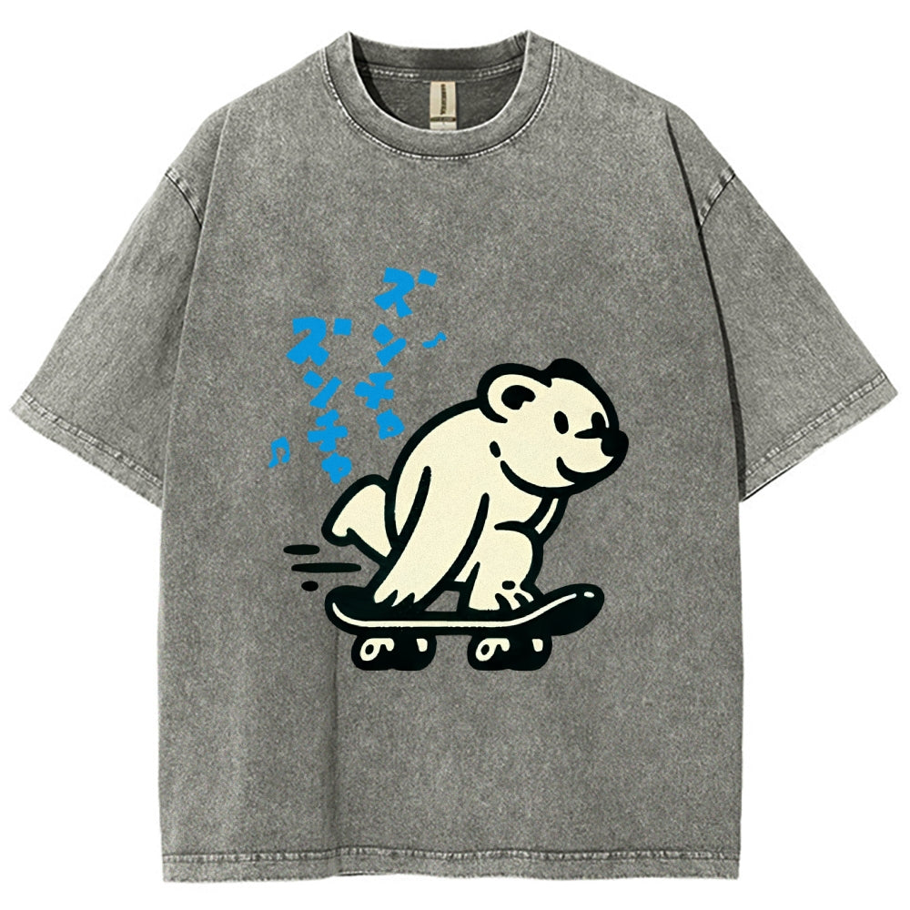 Unisex Japanese Skateboarding Bear Printed Washed Tee