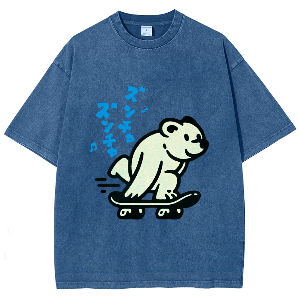 Unisex Japanese Skateboarding Bear Printed Washed Tee