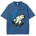 Unisex Japanese Skateboarding Bear Printed Washed Tee