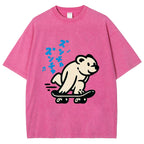 Unisex Japanese Skateboarding Bear Printed Washed Tee