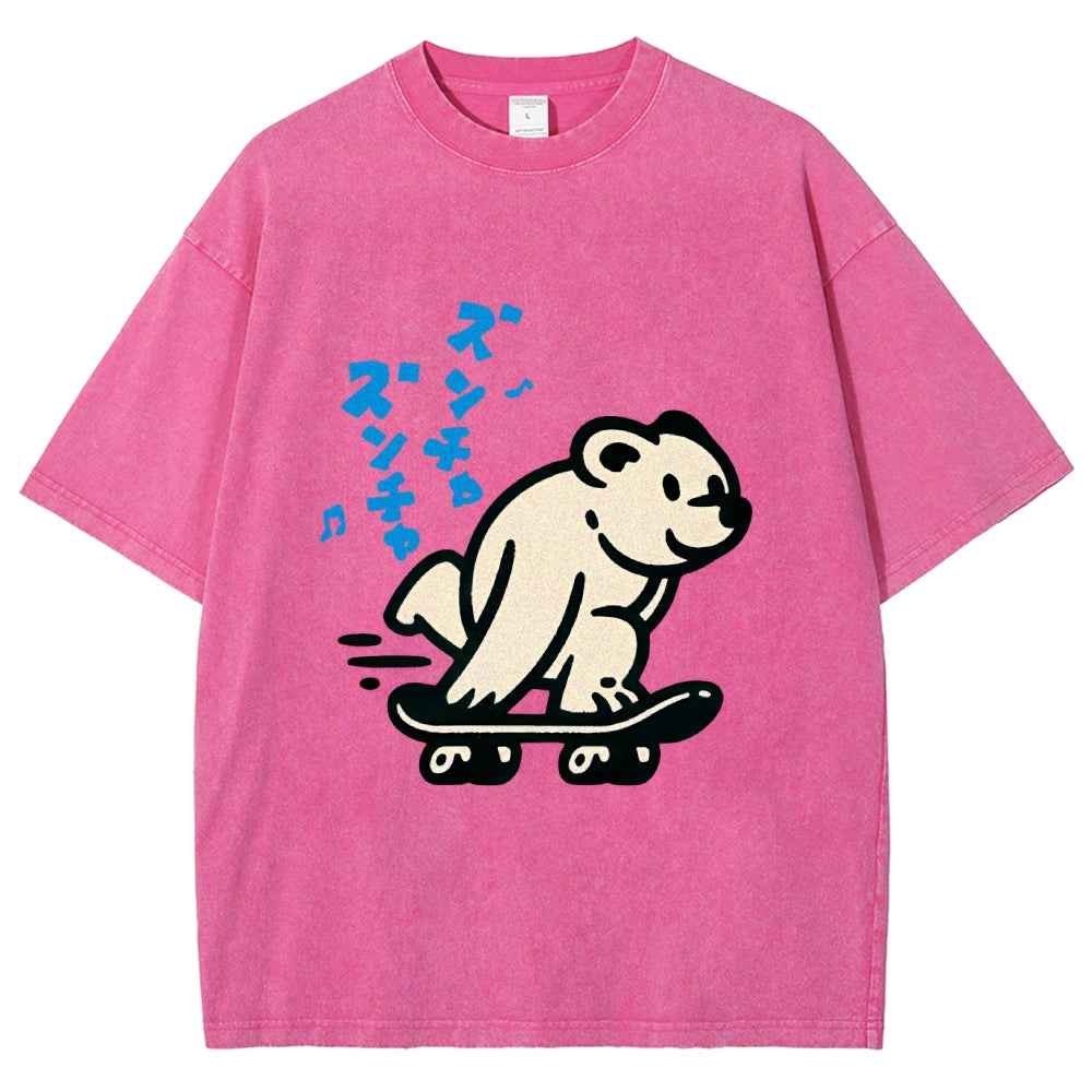 Unisex Japanese Skateboarding Bear Printed Washed Tee