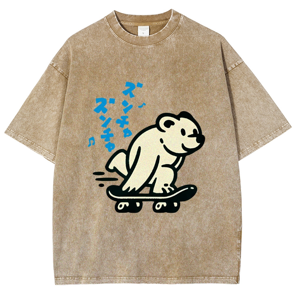 Unisex Japanese Skateboarding Bear Printed Washed Tee
