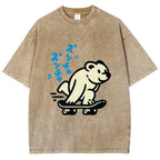 Unisex Japanese Skateboarding Bear Printed Washed Tee