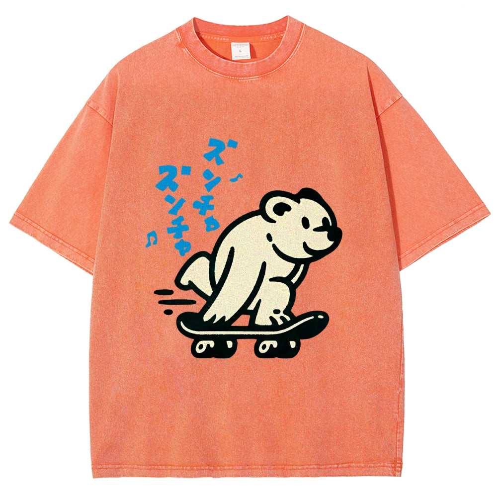 Unisex Japanese Skateboarding Bear Printed Washed Tee