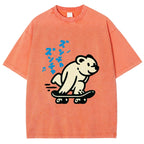 Unisex Japanese Skateboarding Bear Printed Washed Tee