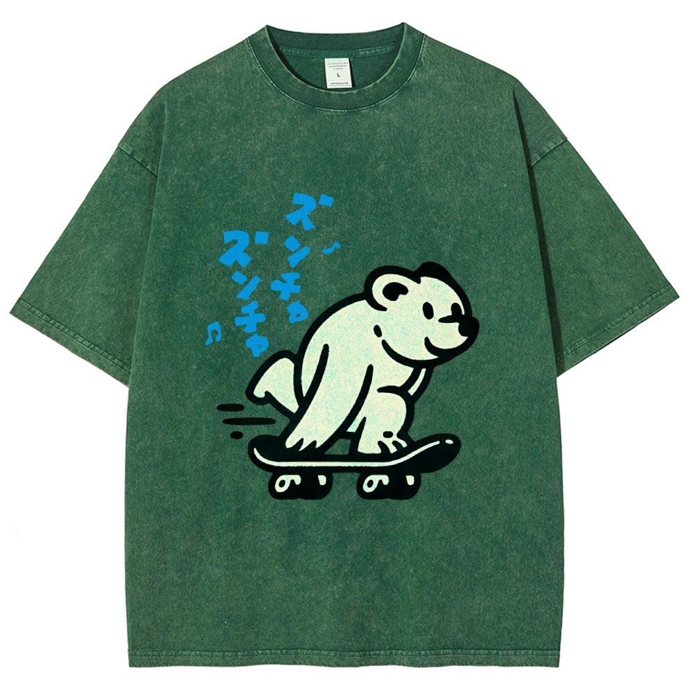 Unisex Japanese Skateboarding Bear Printed Washed Tee
