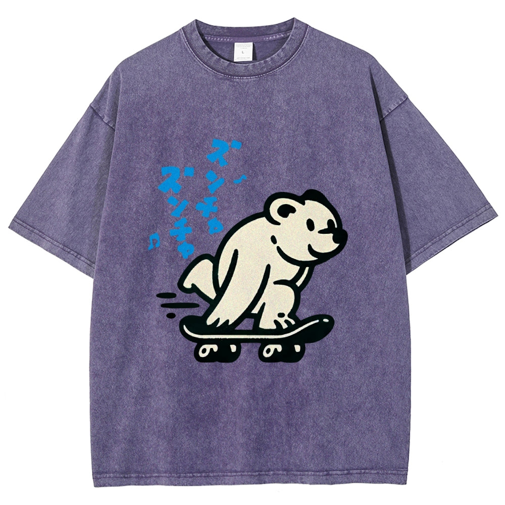 Unisex Japanese Skateboarding Bear Printed Washed Tee
