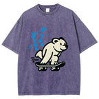 Unisex Japanese Skateboarding Bear Printed Washed Tee