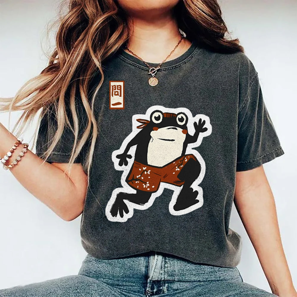Unisex Japanese Frog Printed Washed Tee