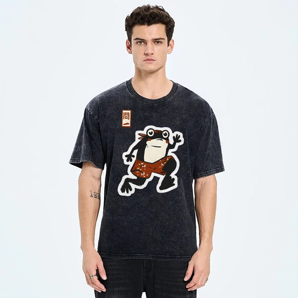 Unisex Japanese Frog Printed Washed Tee