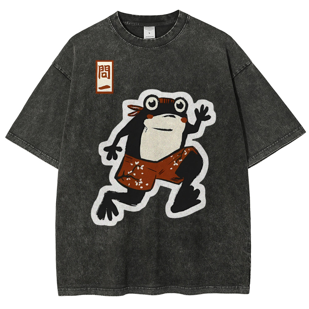Unisex Japanese Frog Printed Washed Tee