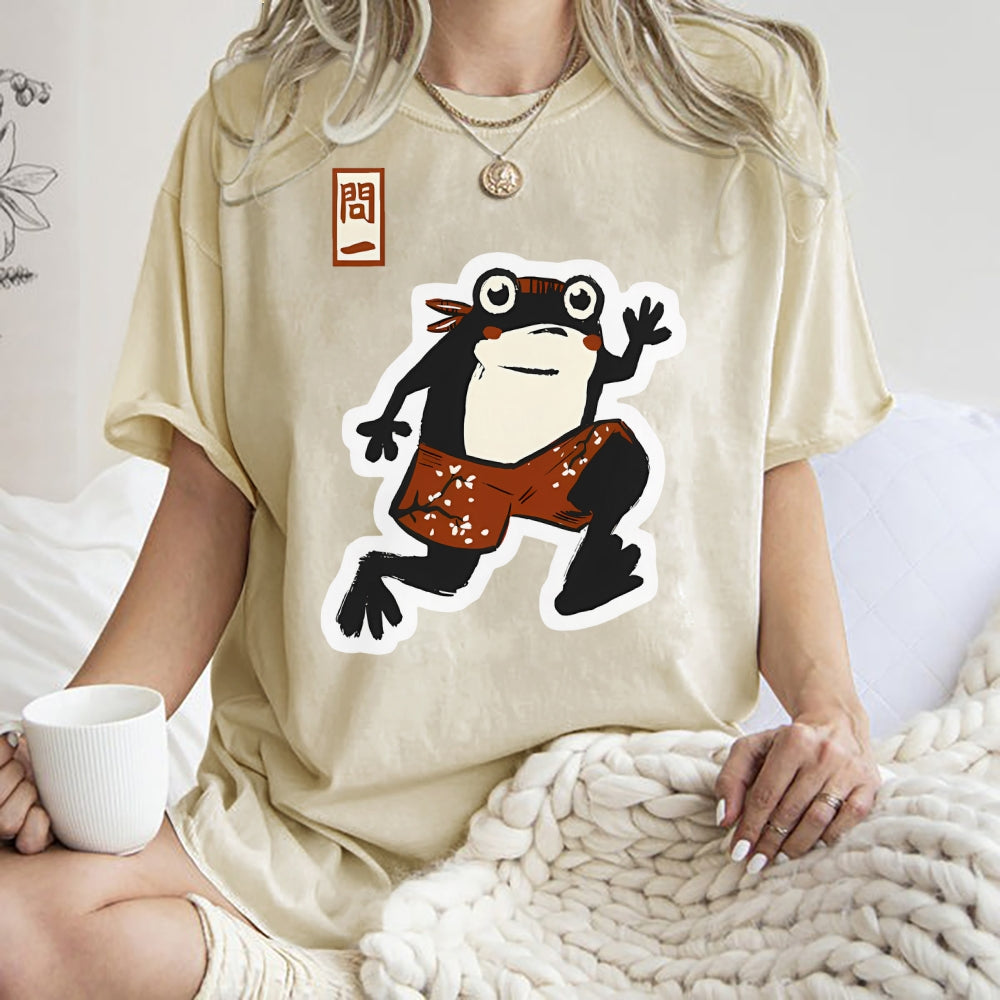 Unisex Japanese Frog Printed Washed Tee