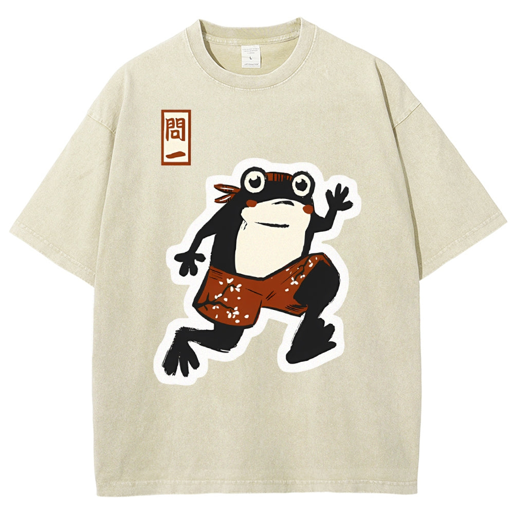Unisex Japanese Frog Printed Washed Tee