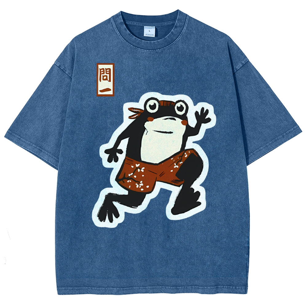 Unisex Japanese Frog Printed Washed Tee