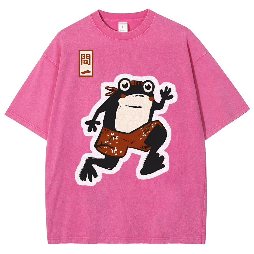 Unisex Japanese Frog Printed Washed Tee