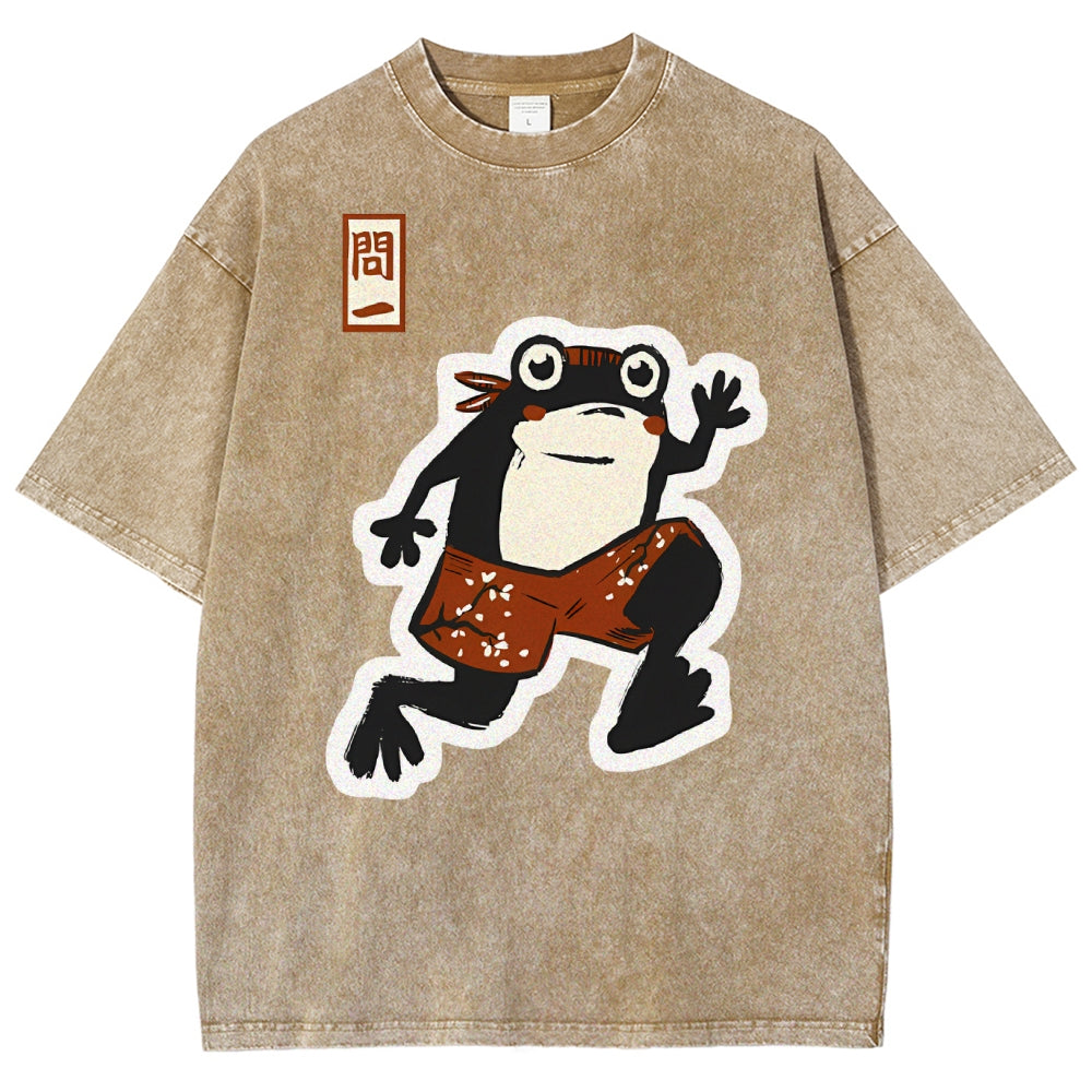 Unisex Japanese Frog Printed Washed Tee