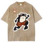 Unisex Japanese Frog Printed Washed Tee