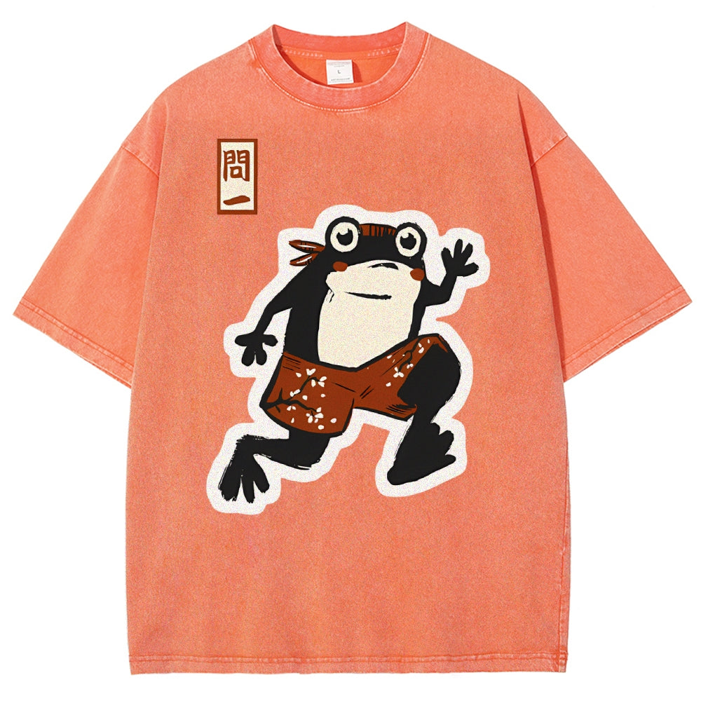 Unisex Japanese Frog Printed Washed Tee