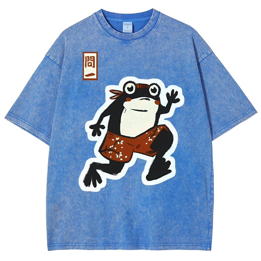 Unisex Japanese Frog Printed Washed Tee