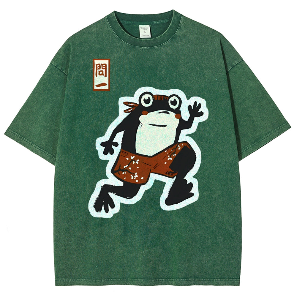 Unisex Japanese Frog Printed Washed Tee