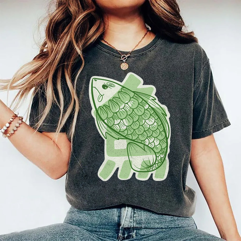 Unisex Japanese Fish Printed Washed Tee
