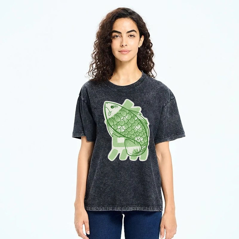 Unisex Japanese Fish Printed Washed Tee