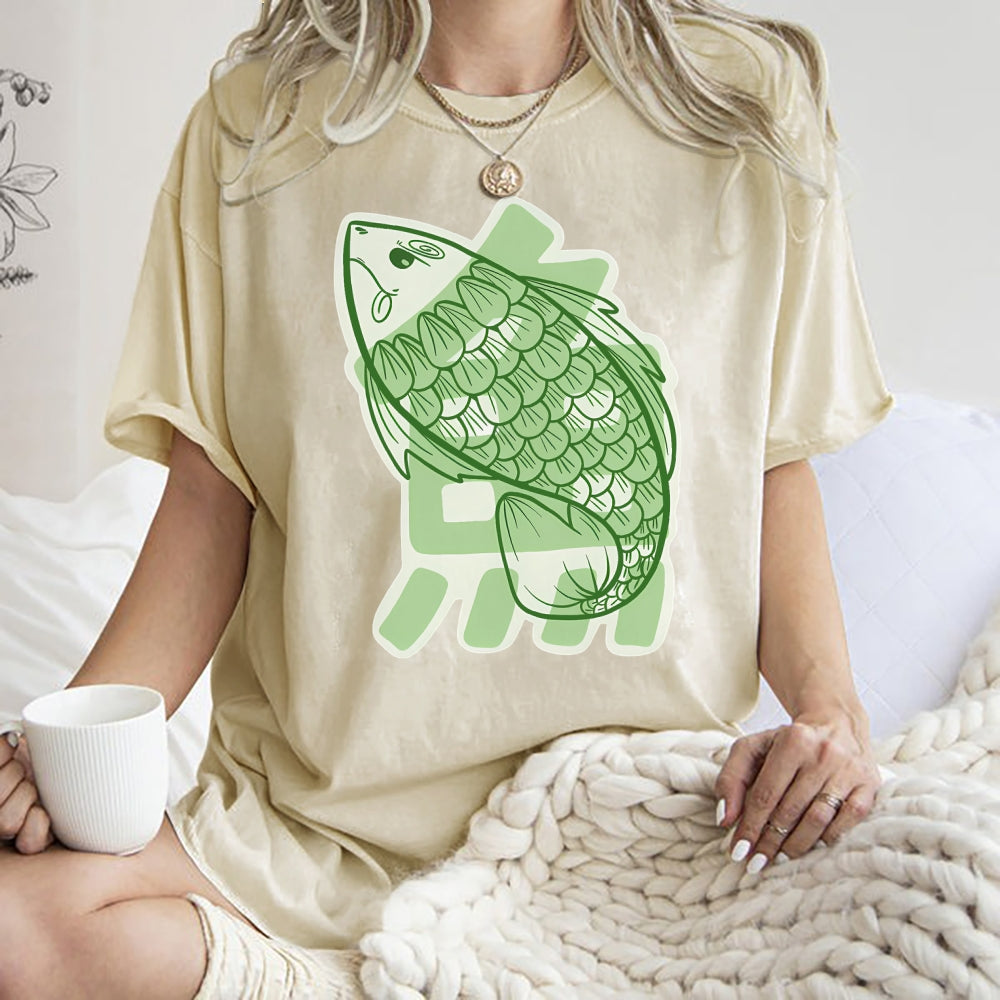 Unisex Japanese Fish Printed Washed Tee