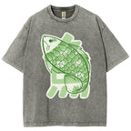 Unisex Japanese Fish Printed Washed Tee