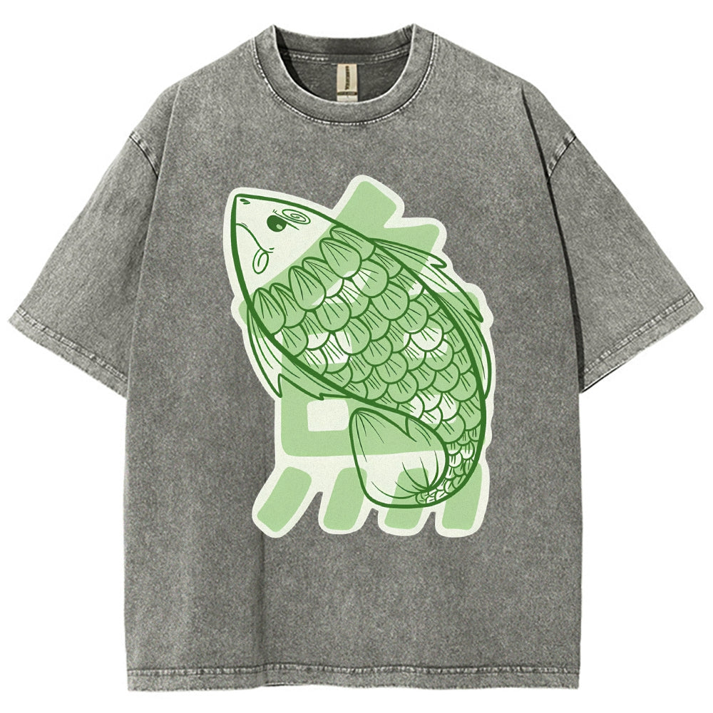 Unisex Japanese Fish Printed Washed Tee