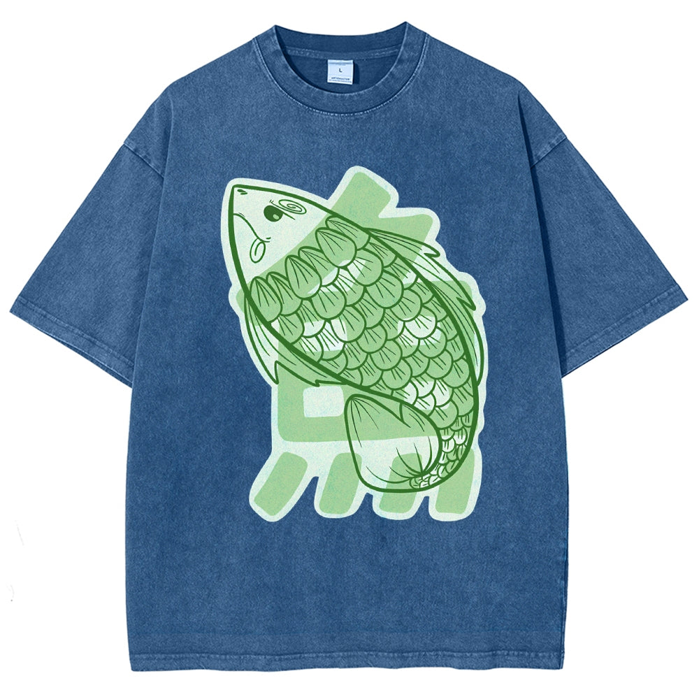 Unisex Japanese Fish Printed Washed Tee