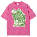 Unisex Japanese Fish Printed Washed Tee