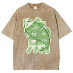 Unisex Japanese Fish Printed Washed Tee