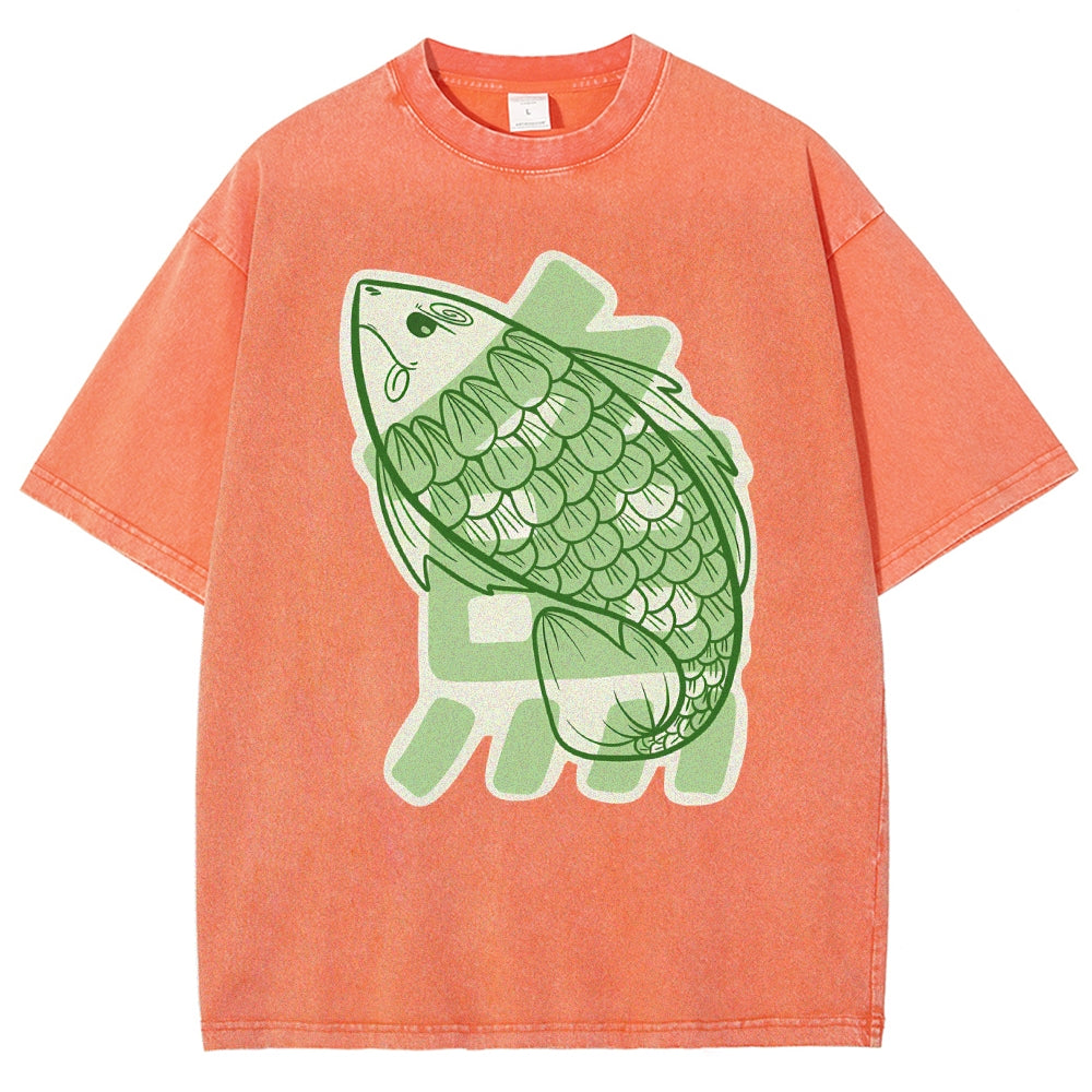Unisex Japanese Fish Printed Washed Tee