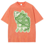 Unisex Japanese Fish Printed Washed Tee