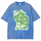 Unisex Japanese Fish Printed Washed Tee