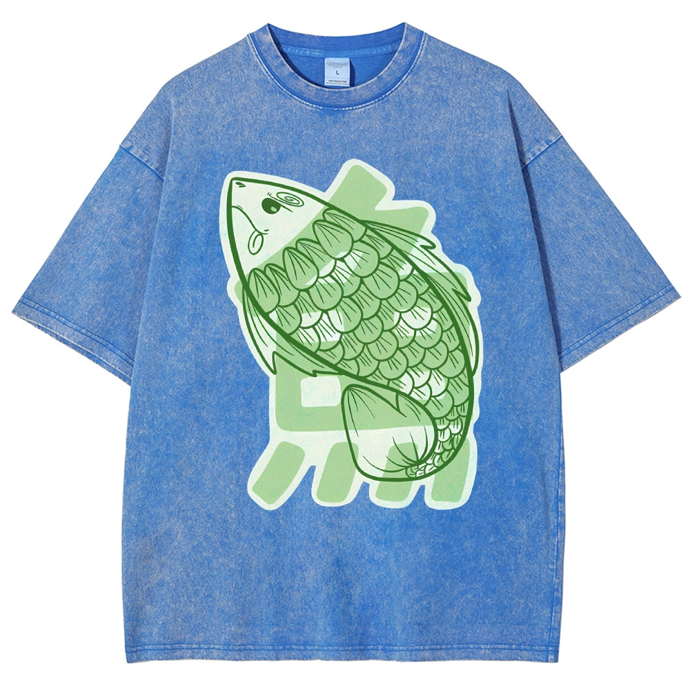 Unisex Japanese Fish Printed Washed Tee