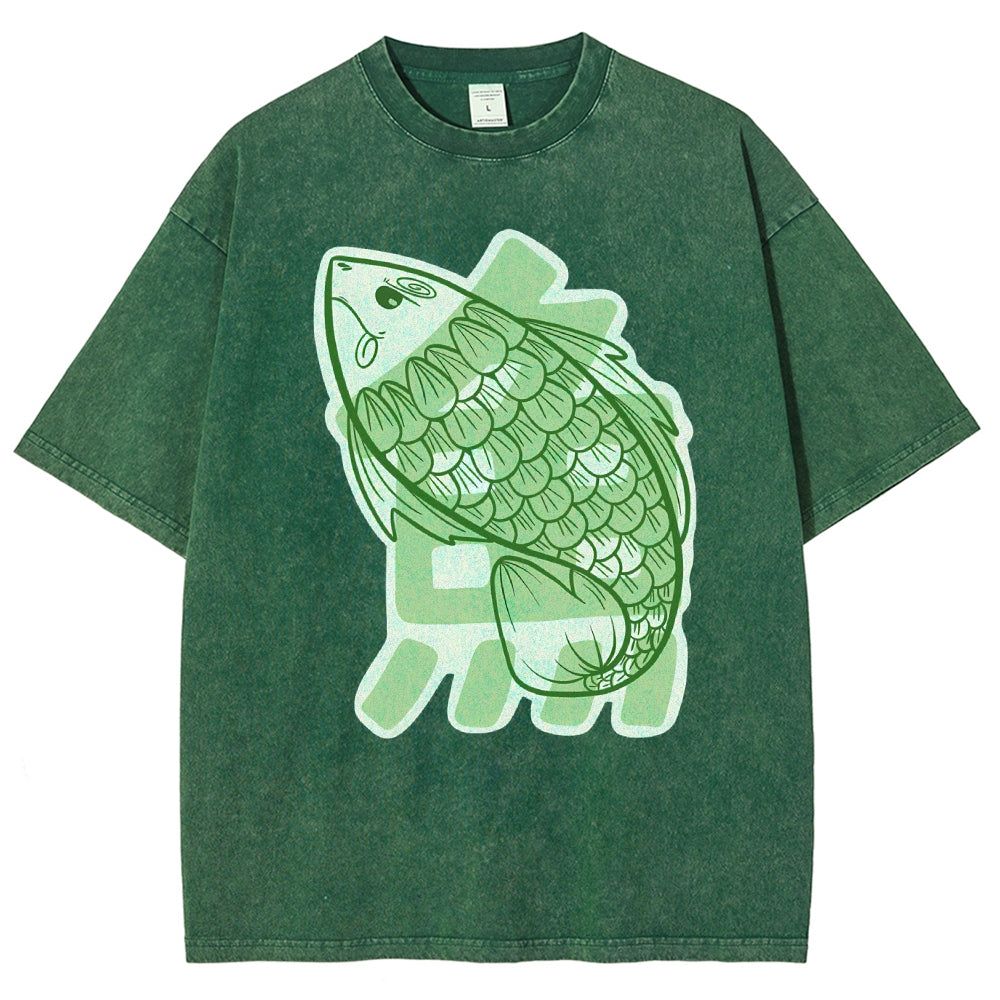 Unisex Japanese Fish Printed Washed Tee