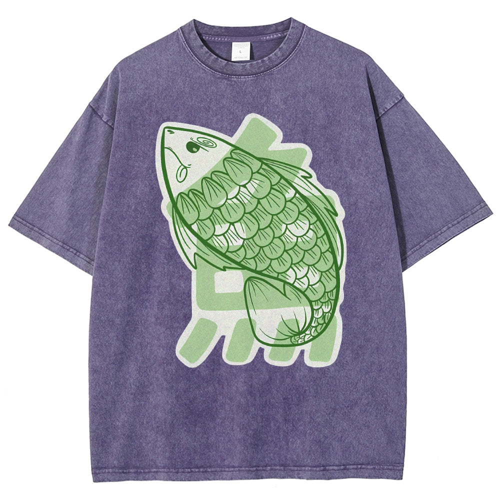 Unisex Japanese Fish Printed Washed Tee
