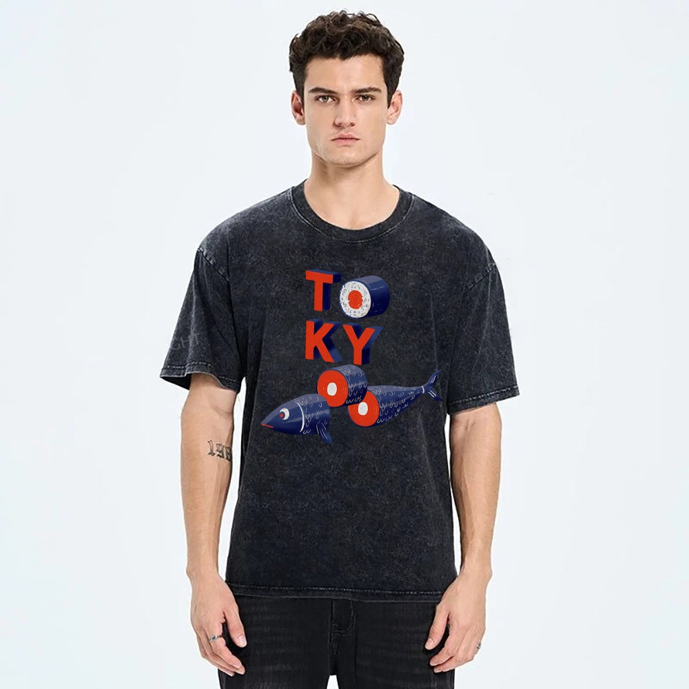 Unisex Tokyo Sushi Fish Printed Washed Tee