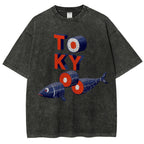 Unisex Tokyo Sushi Fish Printed Washed Tee