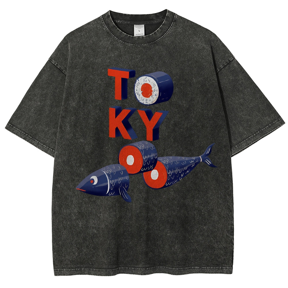 Unisex Tokyo Sushi Fish Printed Washed Tee