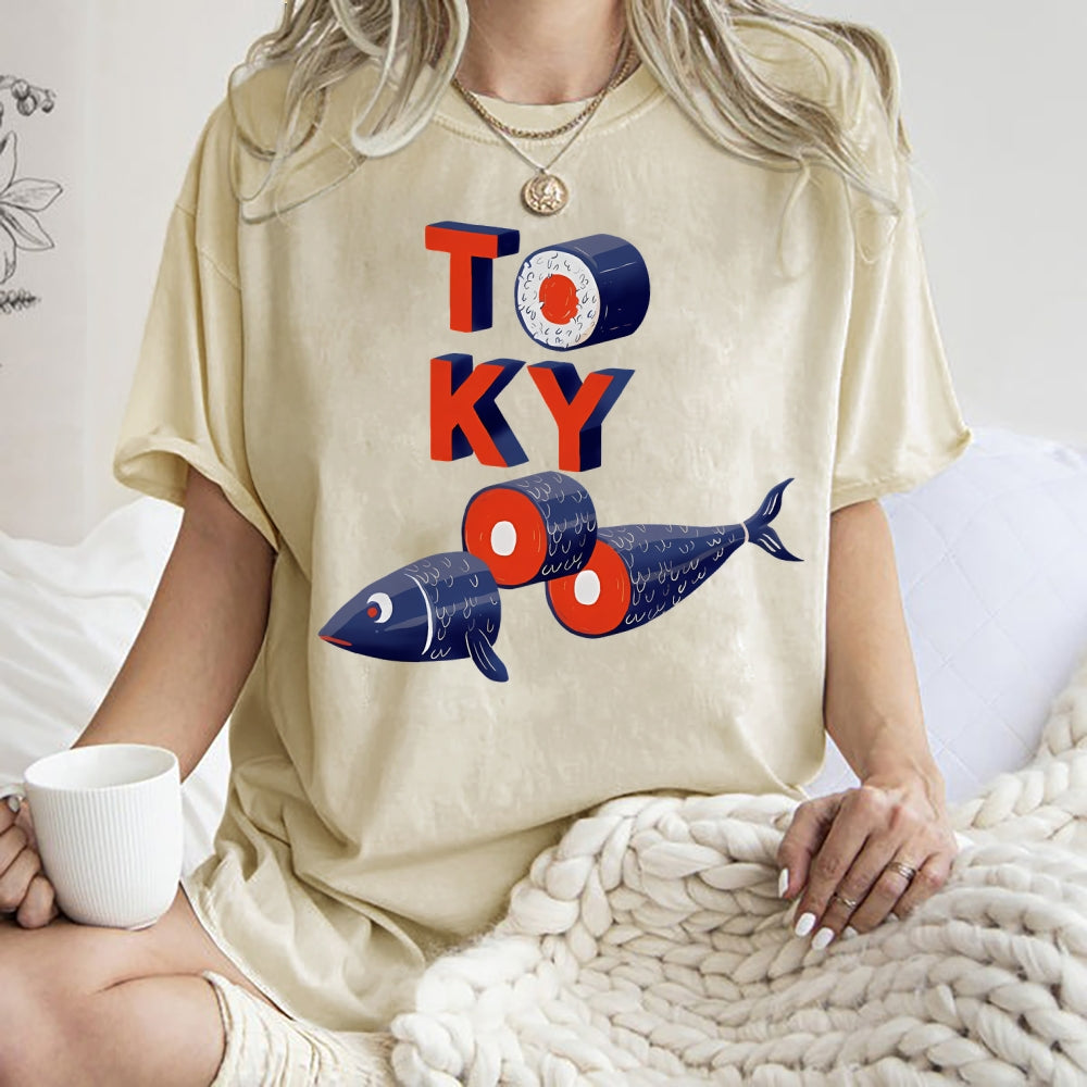 Unisex Tokyo Sushi Fish Printed Washed Tee