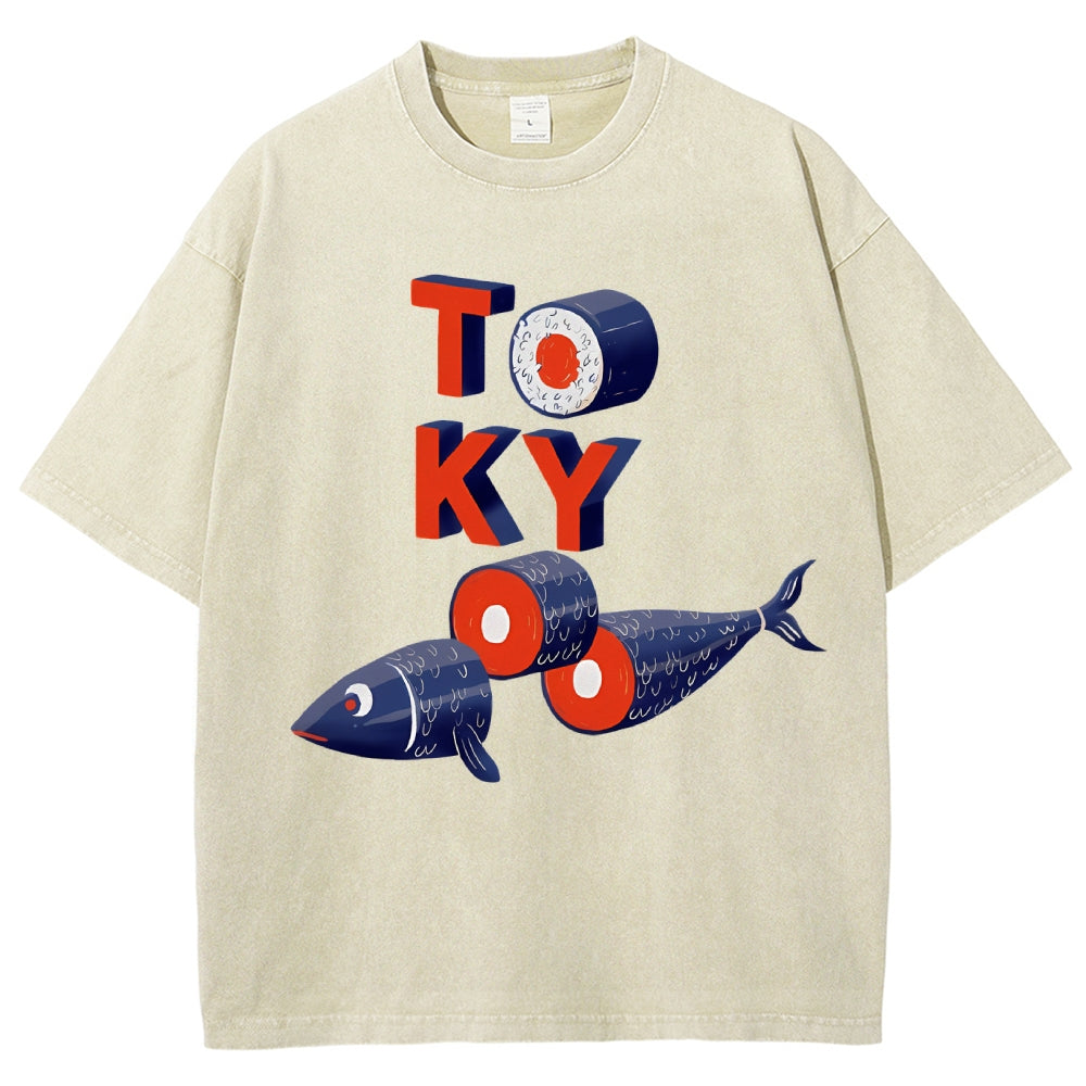 Unisex Tokyo Sushi Fish Printed Washed Tee