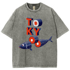 Unisex Tokyo Sushi Fish Printed Washed Tee