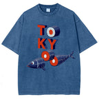 Unisex Tokyo Sushi Fish Printed Washed Tee