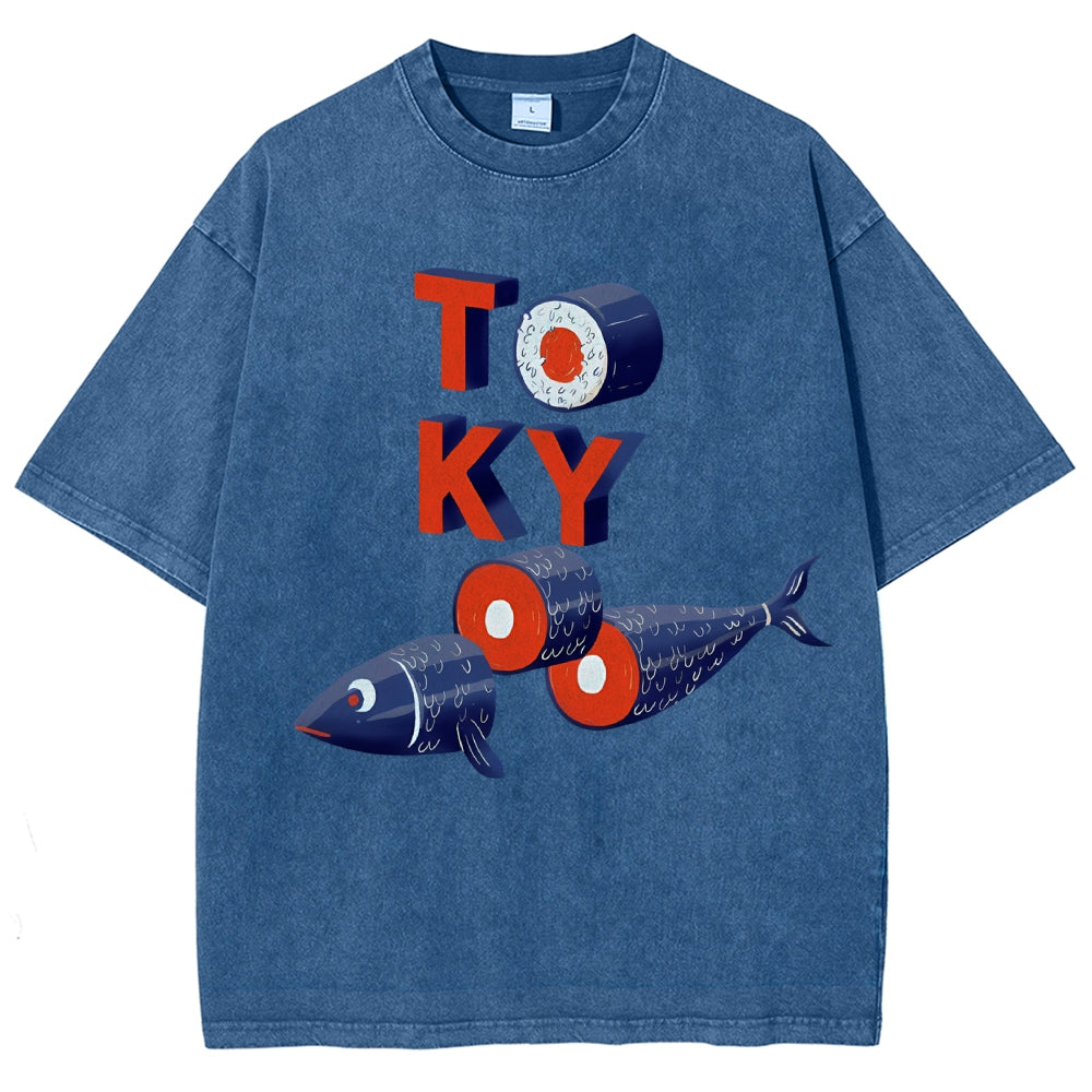 Unisex Tokyo Sushi Fish Printed Washed Tee