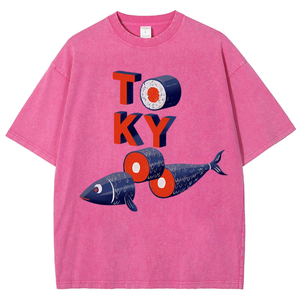 Unisex Tokyo Sushi Fish Printed Washed Tee