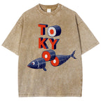 Unisex Tokyo Sushi Fish Printed Washed Tee